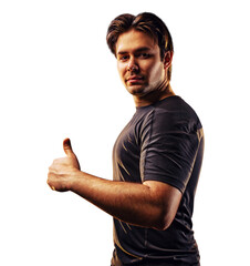 Fototapeta premium Young strong man showing thumbs up on wall background