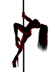 Young sexy woman pole dancing in blue and red neon lights, tattoo on body