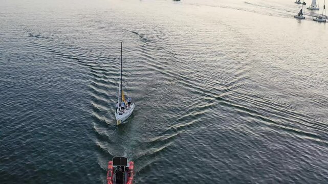 Aerial view of sailing boats on beautiful Lake Biel, Jura, Switzerland.