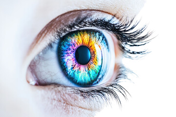 Close-up of a vibrant, colorful human eye with intricate details and long eyelashes, showcasing amazing iris pattern and bright, vivid colors.