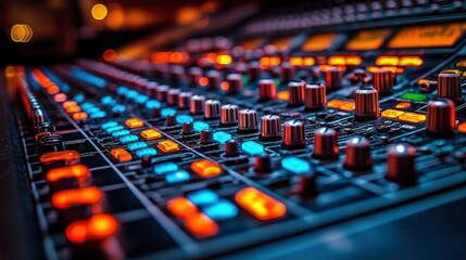 Audio Mixing Console with Red and Blue Lights