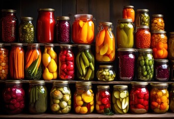 colorful display homemade pickled fruits vegetables vibrant jars showcasing variety textures colors, artisanal, bright, can, condiment, container, cuisine