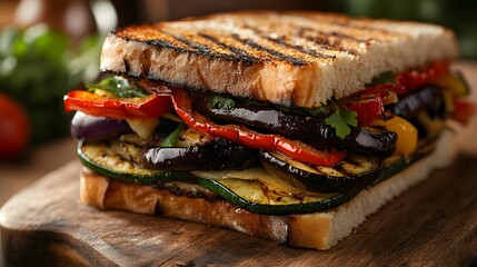 A close-up of a delicious grilled vegetable sandwich with eggplant, zucchini, and peppers