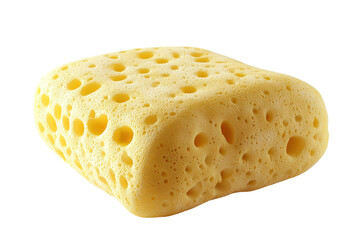 Close-up of a yellow kitchen sponge with pores, isolated on transparent background. Ideal for cleaning and household chores.