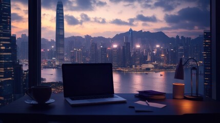 Modern Office Desk with Laptop Overlooking Stunning City Skyline at Twilight
