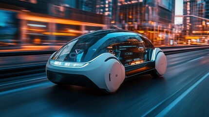 Obraz premium Futuristic Autonomous Vehicle Driving Through City at Night