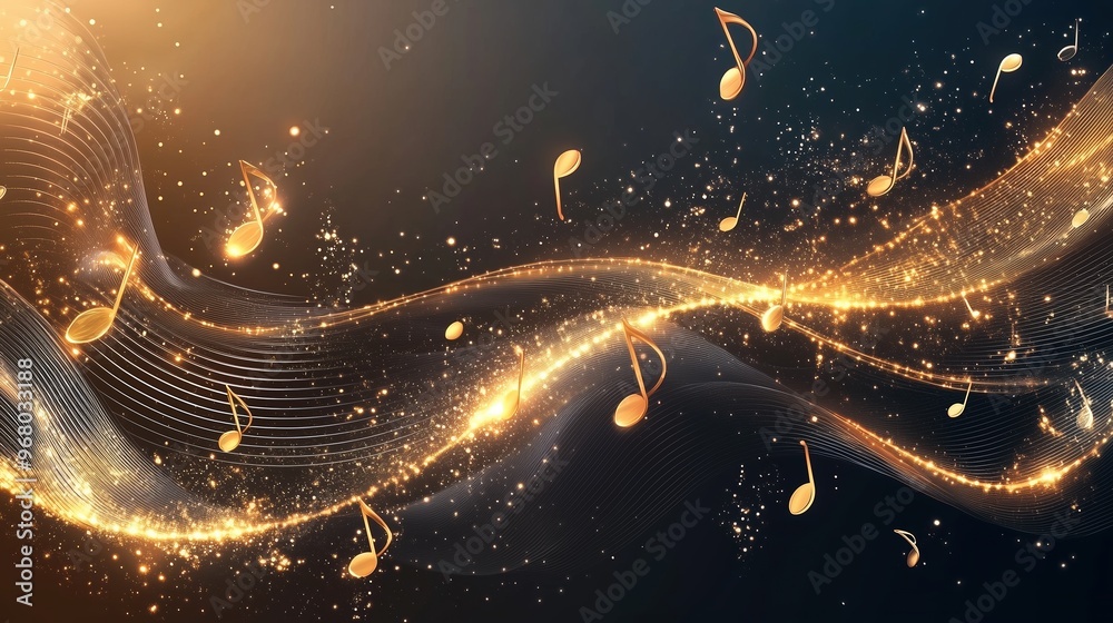 Poster Golden music notes falling on a dark background with glowing waves, representing a dynamic and abstract musical concept. This elegant vector illustration creates a vibrant and immersive atmosphere, pe