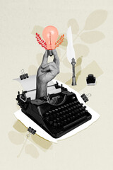 Creative drawing collage picture of typewriter hand hold electric bulb light feather ink pen weird...