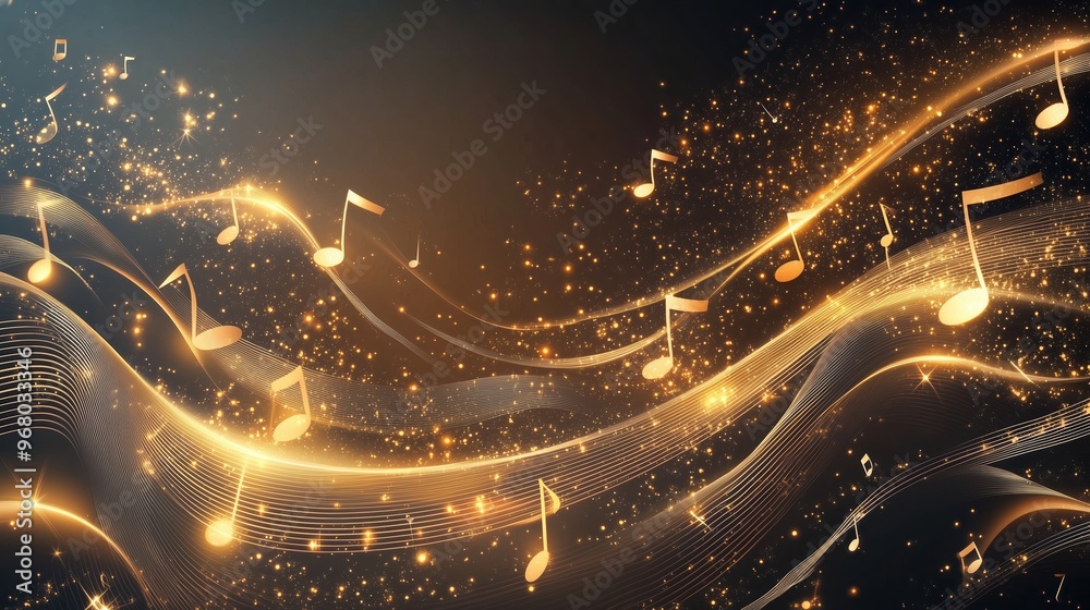 Poster Golden music notes falling on a dark background with glowing waves, representing a dynamic and abstract musical concept. This elegant vector illustration creates a vibrant and immersive atmosphere, pe
