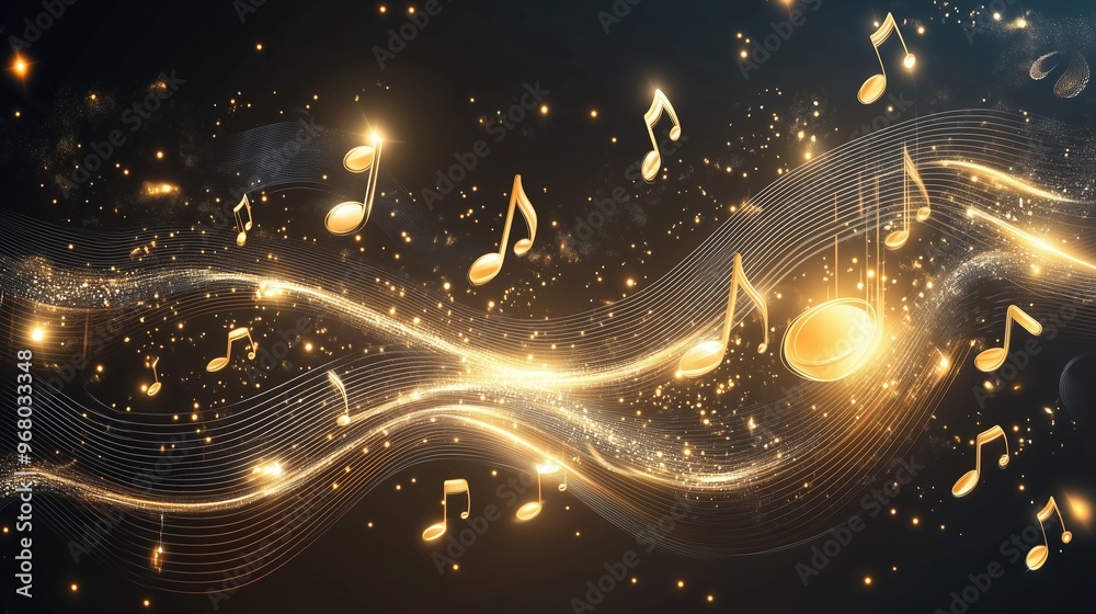 Aufkleber Golden music notes falling on a dark background with glowing waves, representing a dynamic and abstract musical concept. This elegant vector illustration creates a vibrant and immersive atmosphere, pe