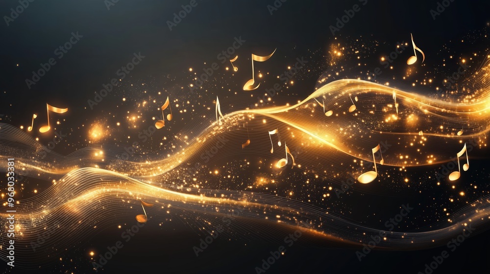 Aufkleber Golden music notes falling on a dark background with glowing waves, representing a dynamic and abstract musical concept. This elegant vector illustration creates a vibrant and immersive atmosphere, pe