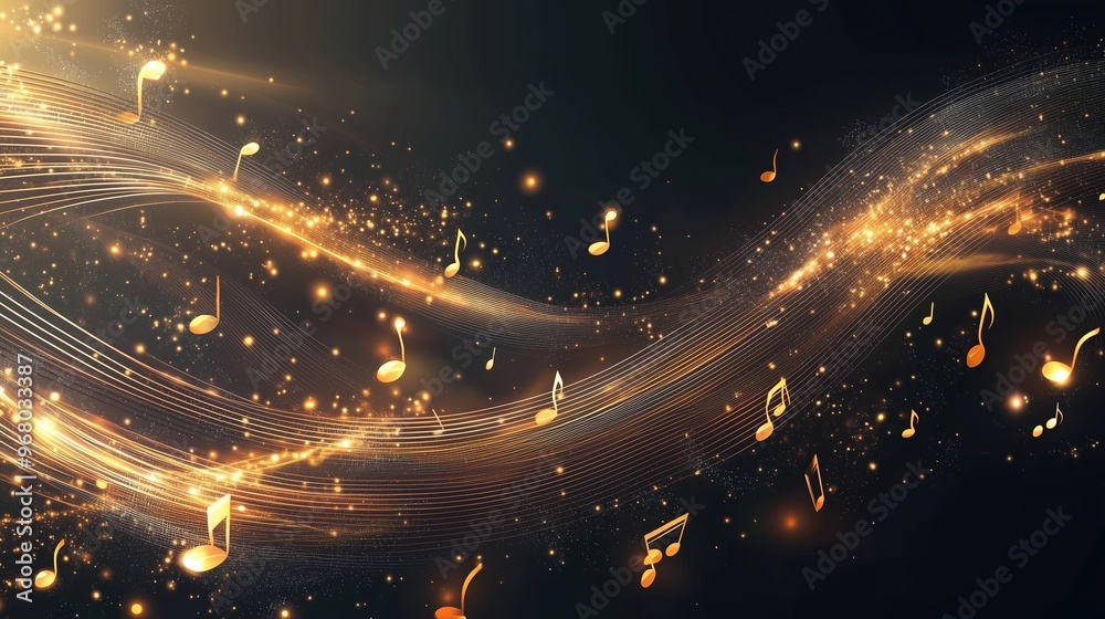 Poster Golden music notes falling on a dark background with glowing waves, representing a dynamic and abstract musical concept. This elegant vector illustration creates a vibrant and immersive atmosphere, pe