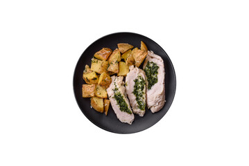 Chicken roulade with spinach, cheese, spices, salt and herbs