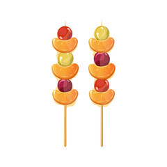 Chinese candied fruit dessert. Mixed fruit tanghulu.