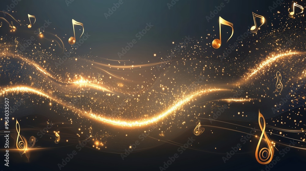 Poster Golden music notes falling on a dark background with glowing waves, representing a dynamic and abstract musical concept. This elegant vector illustration creates a vibrant and immersive atmosphere, pe
