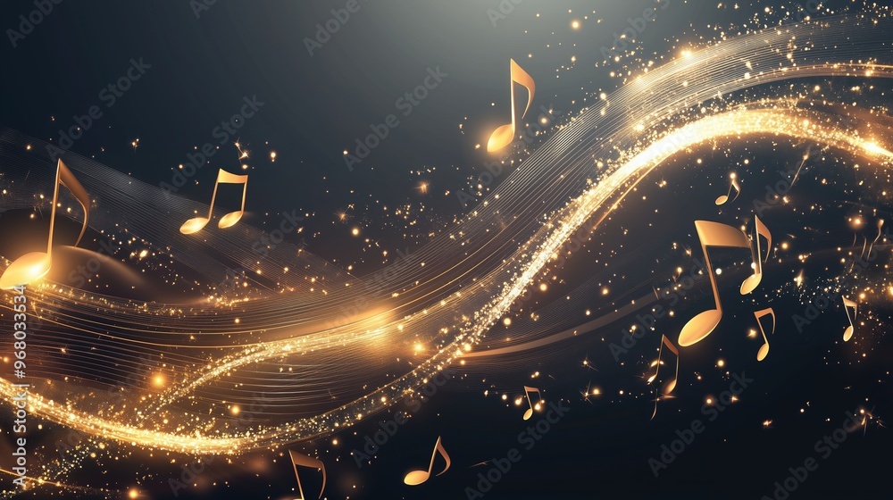 Poster Golden music notes falling on a dark background with glowing waves, representing a dynamic and abstract musical concept. This elegant vector illustration creates a vibrant and immersive atmosphere, pe