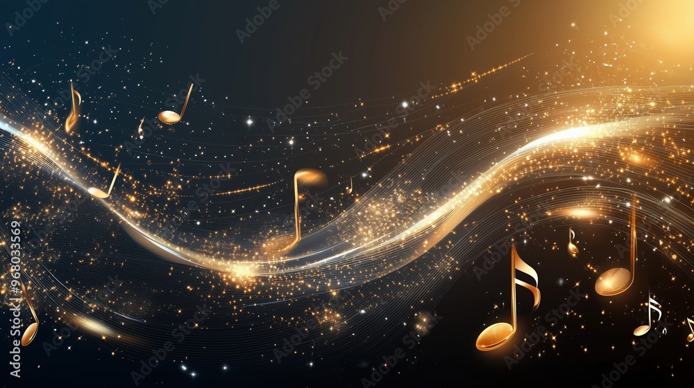 Poster Golden music notes falling on a dark background with glowing waves, representing a dynamic and abstract musical concept. This elegant vector illustration creates a vibrant and immersive atmosphere, pe