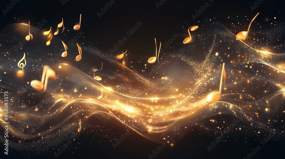 Poster Golden music notes falling on a dark background with glowing waves, representing a dynamic and abstract musical concept. This elegant vector illustration creates a vibrant and immersive atmosphere, pe