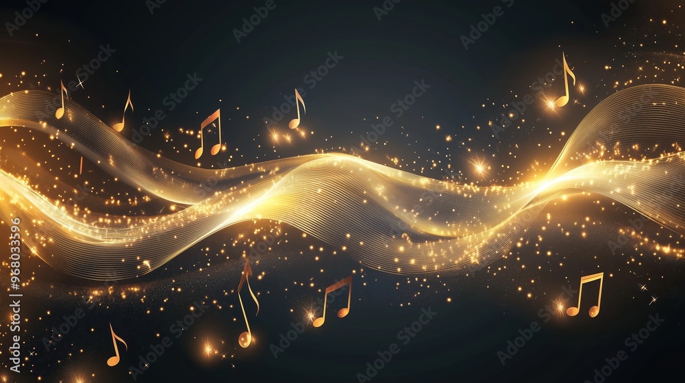 Poster Golden music notes falling on a dark background with glowing waves, representing a dynamic and abstract musical concept. This elegant vector illustration creates a vibrant and immersive atmosphere, pe