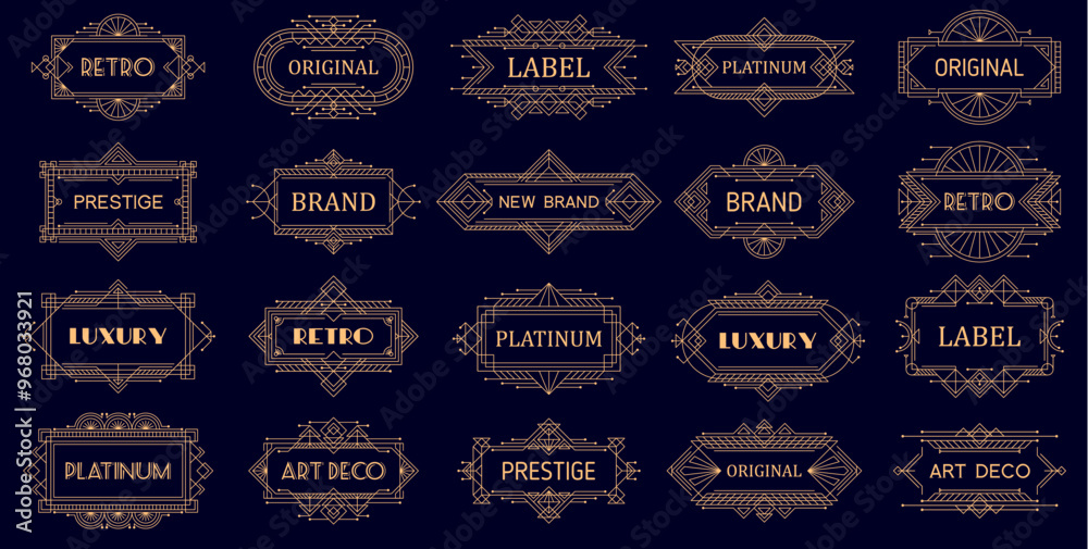 Wall mural geometric ornament labels, vintage art deco golden frames and borders. vector retro-modern linear ge