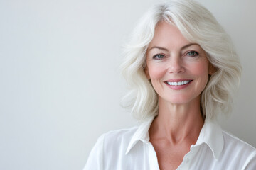 Fototapeta premium Middle aged woman smiling isolated from a copyspace background. Inclusivity conceptual image