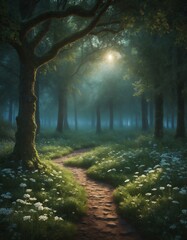Obraz premium Forest pathway with daisies and sunbeams