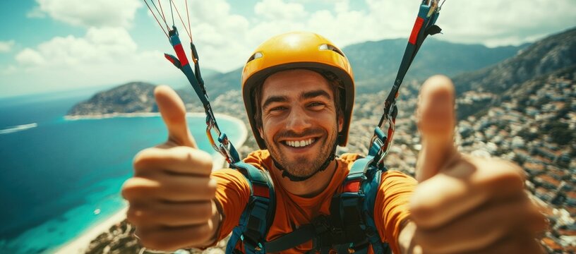 Enthusiastic paragliding experience over a stunning coastal landscape on a sunny day