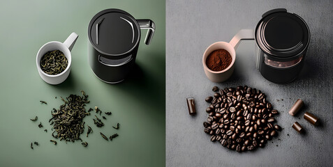 Split-screen image with metallic tea and coffee machines, glowing accents, spilling tea leaves and coffee beans.