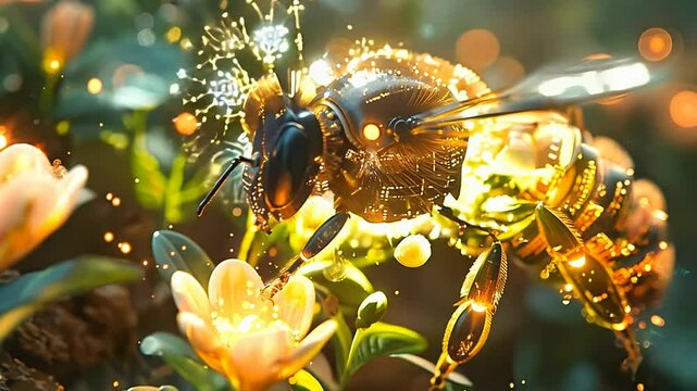 A robotic bee with glowing circuits pollinates a flower in a lush garden.