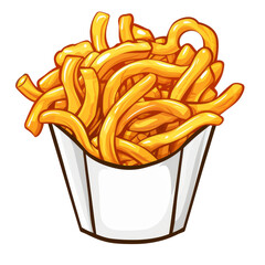 A cartoon illustration of a paper container of french fries, isolated on a white background.