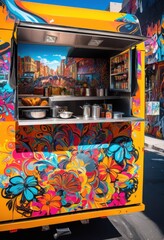 Fototapeta premium vibrant food truck next colorful city mural showcasing bright colors urban artistry, graffiti, street, vehicle, cuisine, outdoor, market, festival, modern