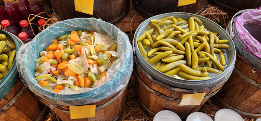 delicatessen products olive varieties, pickled cucumbers and mixed pickles