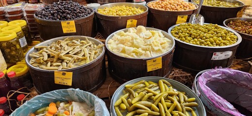 delicatessen products olive varieties, pickled cucumbers and mixed pickles