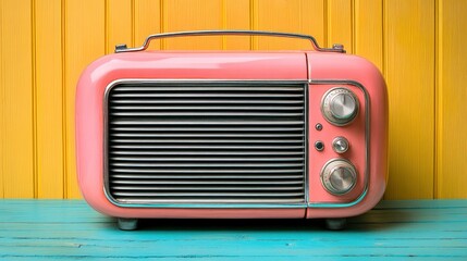 Fototapeta premium Retro Pink Radio on a Blue and Yellow Background