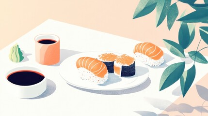 This elegant sushi arrangement features vibrant colors and careful presentation on a simple table, emphasizing minimalism and freshness