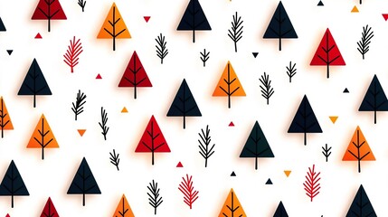 Abstract autumn forest pattern with red, orange, black trees and leaves on a white background.