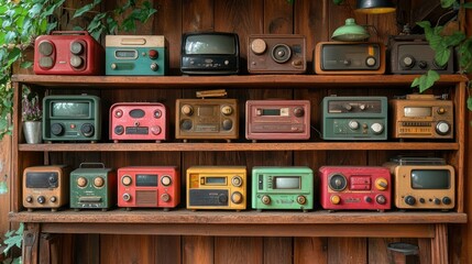 Vintage Radio Collection on Wooden Shelf