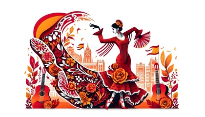 Paper-cut style flamenco dancer in traditional garb, enchanting the scene with her expressive movements during Spain's National Day.