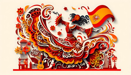 Paper-cut style flamenco dancer in traditional garb, enchanting the scene with her expressive movements during Spain's National Day.