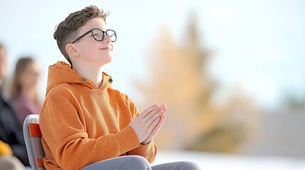 Young boy in orange hoodie and glasses praying with hands clasped. - Powered by Adobe