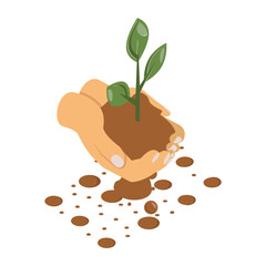 grower or horticulturist holding plant in fields isometric concept, Sun, Birds and soil vector icon design, Lawn Gardening symbol, Farm Plant sign, agriculture and horticulture equipment illustration