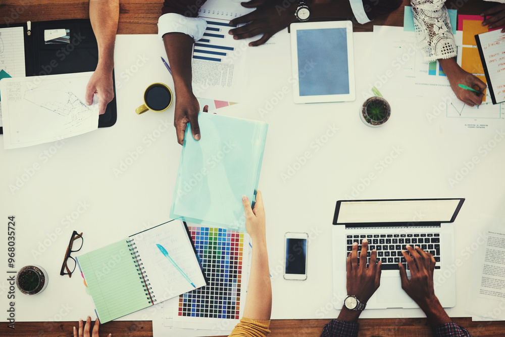 Poster above, hands or designers in meeting for documents, teamwork and brainstorming in startup. giving, c