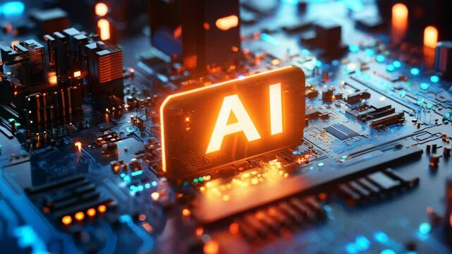 AI chip on a circuit board with glowing lights, symbolizing artificial intelligence.