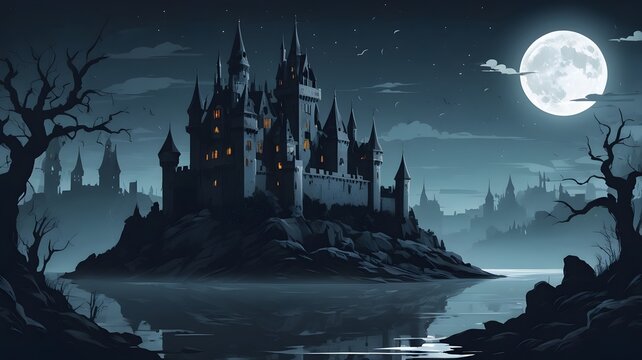 A haunted castle bathed in moonlight. Dark, gloomy atmosphere, eerie details perfect for Halloween