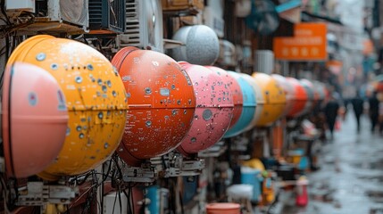 Colorful globes on a wall in an urban alley