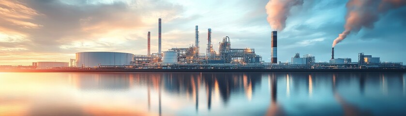 Fototapeta premium Futuristic Water-Cooled Industrial Facility on Shoreline Signifying Vitality of Water in Modern Manufacturing