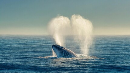 Fototapeta premium A majestic humpback whale gracefully surfaces from the deep blue ocean, expelling heart-shaped water vapor from its blowhole.