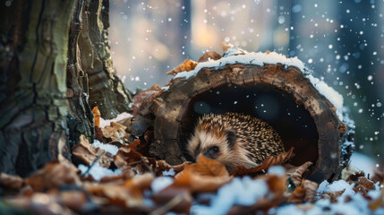 Fototapeta premium Hedgehog resting in a log during snowfall