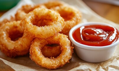 Crispy Golden Onion Rings Served With Tangy Ketchup on a Rustic Wooden Platter