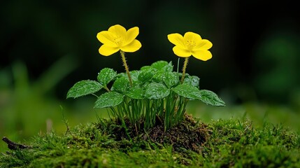 Two Yellow Flowers Blooming on a Mossy Ground